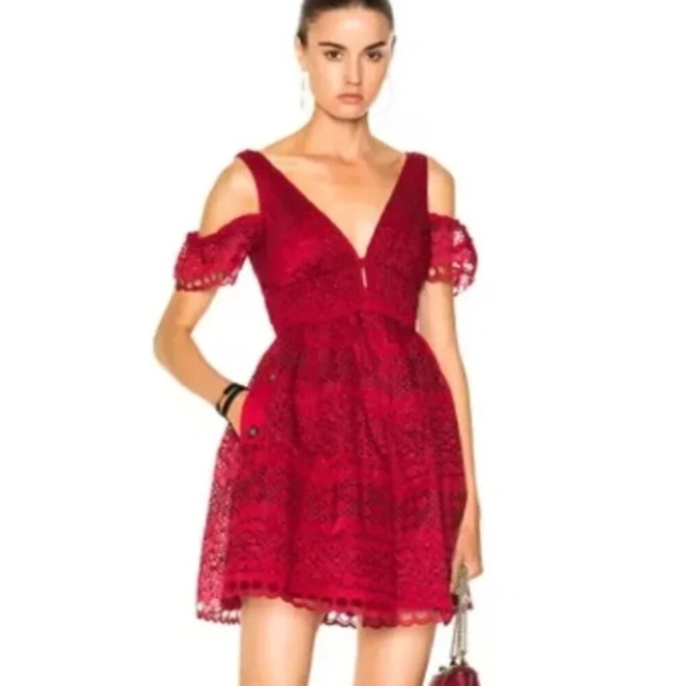 Self-Portrait - Red Broderie Cold Shoulder Dress - Size 4